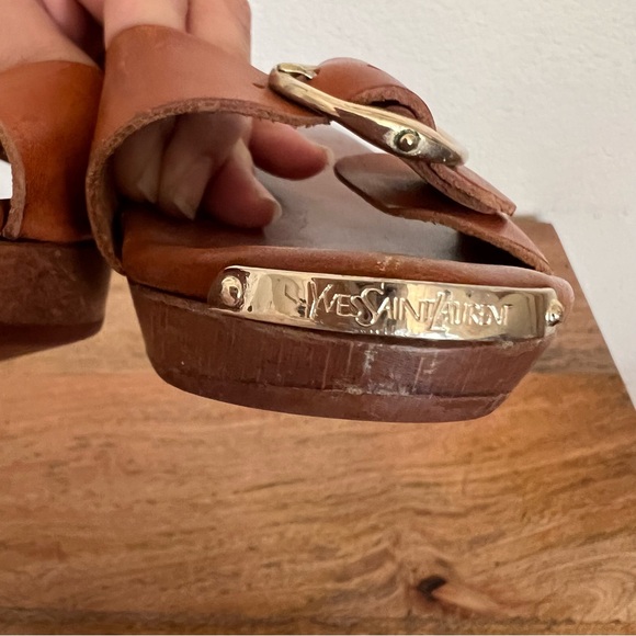 Yves Saint Laurent Rive Gauche Caliente wooden kitten heel sandals brown leather - Picture 13 of 16